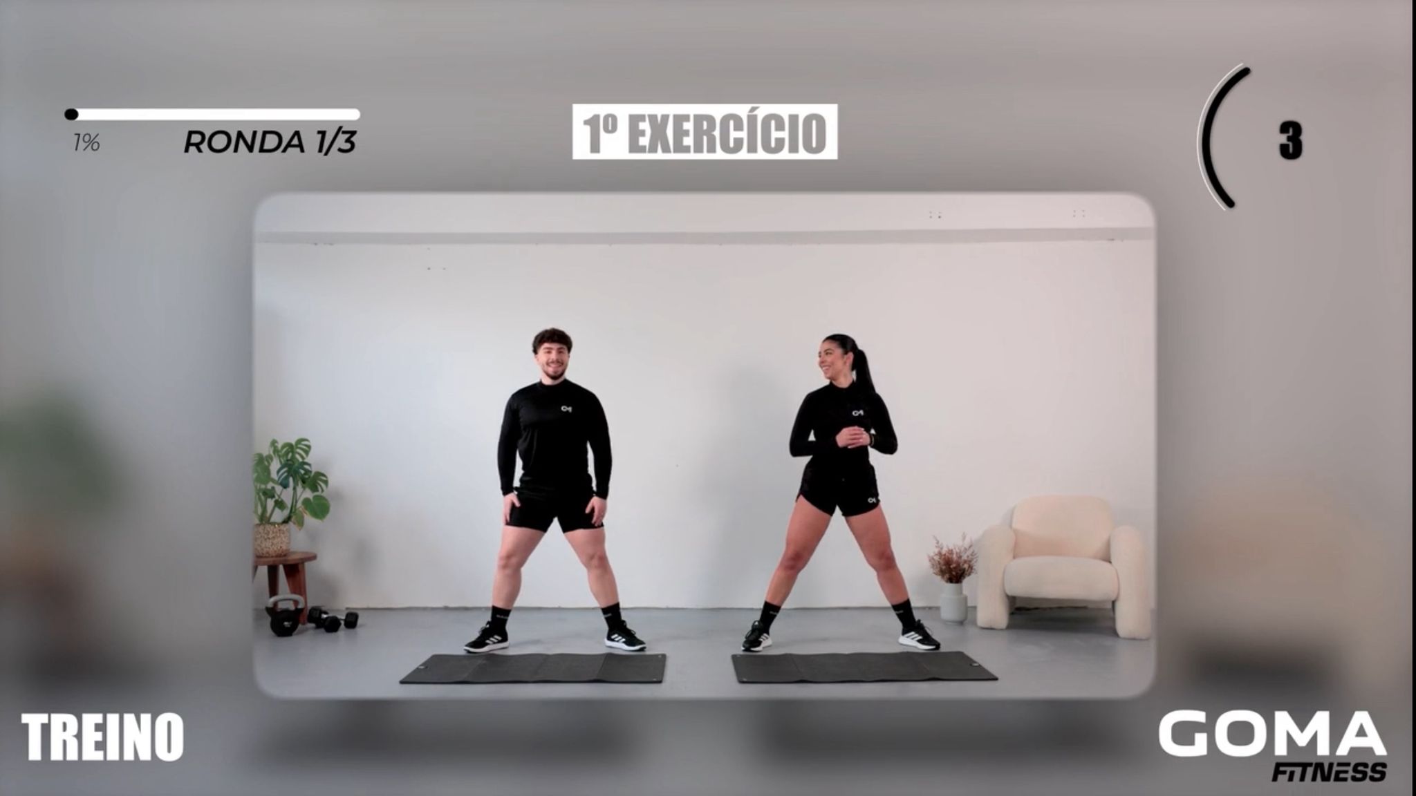 Plataforma de treinos GOMA Fitness — exercício guiado